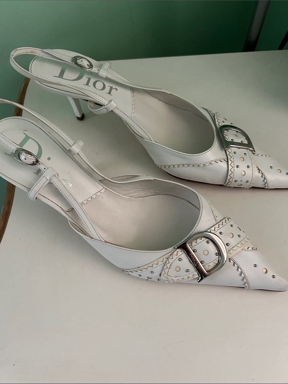 Dior White Pointed Slingback Pumps with Silver Buckle & Studs - Picture 4 of 4